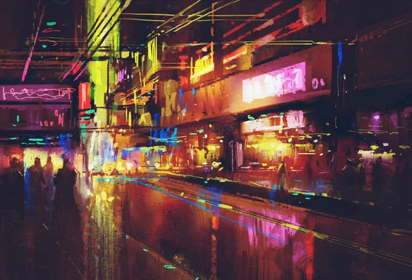 Городская улица с подсветкой и ночной жизнью — стоковое фото
