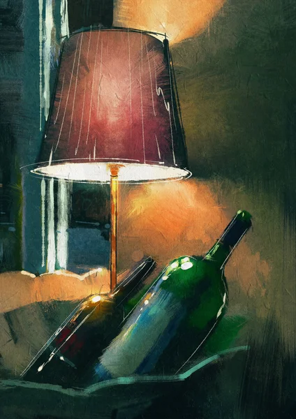 A couple of wine bottle and lamp glowing orange in the night — Stock Photo, Image