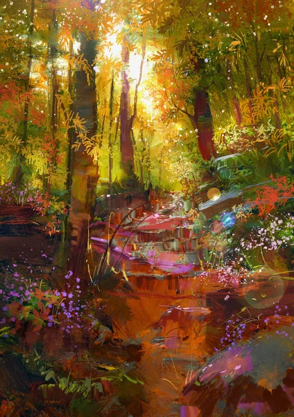 Schöner Herbstwald mit Sonnenlicht — Stockfoto