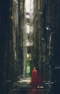Red Riding Hood in futuristic alley,science fiction scene,illustration clipart