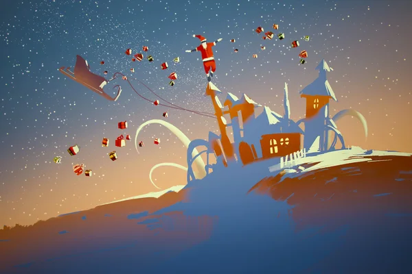 Санта-Клаус балансирует на фэнтези-домах — стоковое фото