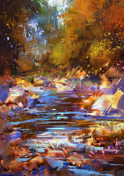 美丽秋天河线与彩色的石头，在秋天的树林 — 图库照片
