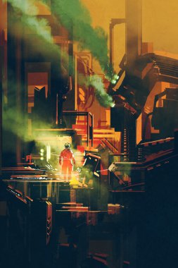 Kırmızı astronot fütüristik mimarisi üzerinde duran