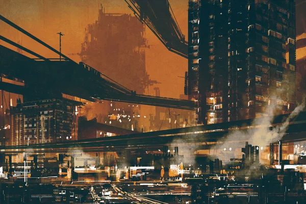 Escena de ciencia ficción que muestra paisaje urbano industrial futurista —  Fotos de Stock