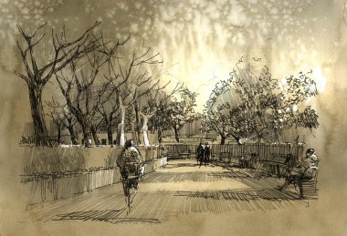 freehand sketch of city park walkway clipart