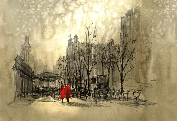 Pár v červené barvě, chůzi na ulici města — Stock fotografie