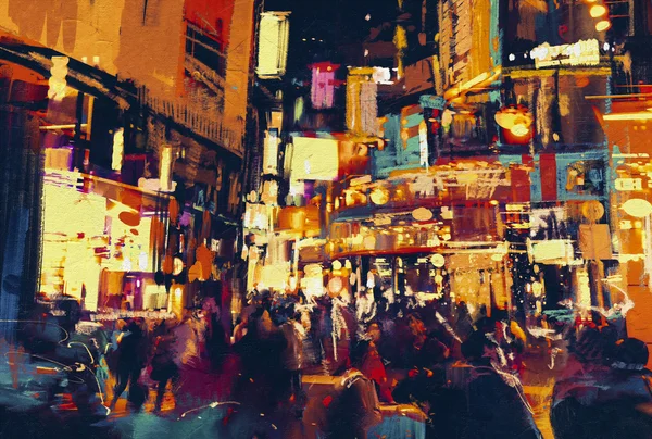 到了晚上，人们走在城市的城市生活的绘画 — 图库照片