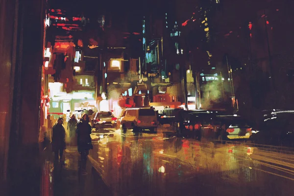 Pintura de la calle de noche con luces de colores — Foto de Stock