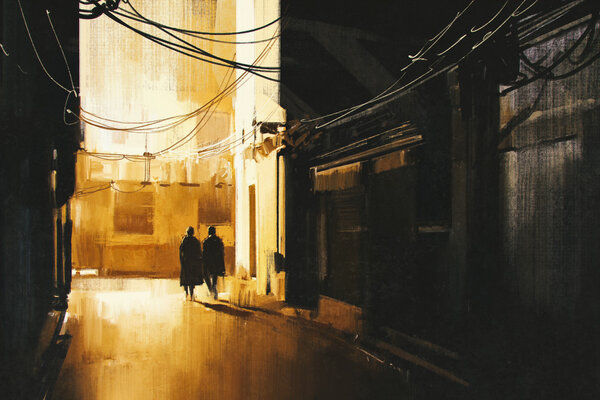 Couple walking in alley at night Stock Picture