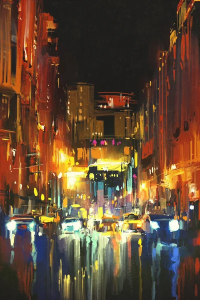 Noční město v dešti s odrazy na vlhké ulici, digitální obraz — Stock fotografie