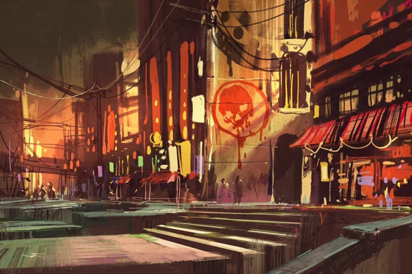Sci-fi scene showing shopping street, futuristic cityscape — стоковое фото