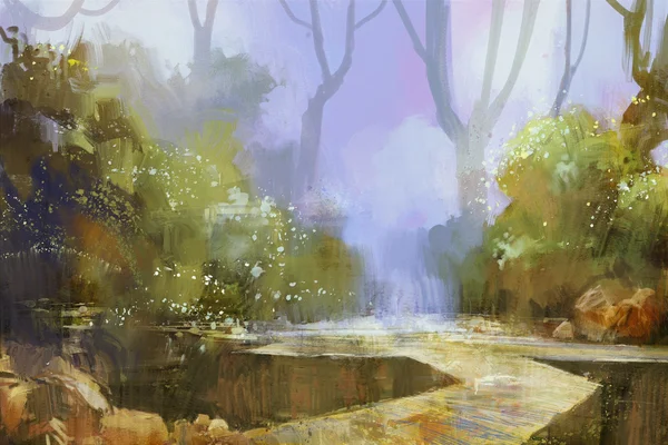 Nyomvonal ködös erdő háttérben, digitális festmény — Stock Fotó