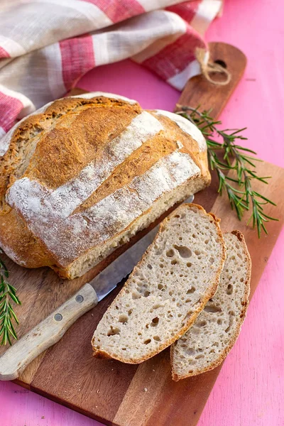 Homemade Sourdough Bread Served Cutting Board Rosemary — Stock Photo, Image