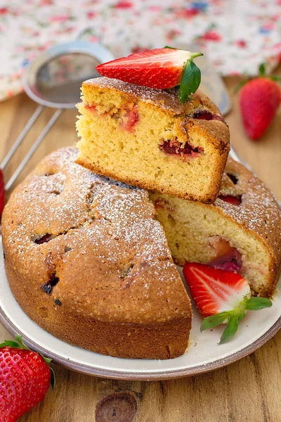 Tort Dulce Căpșuni Proaspete Zahăr Pudră — Fotografie, imagine de stoc