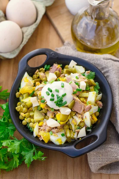 Fish Salad Canned Tuna Pickles Green Peas Eggs — 스톡 사진