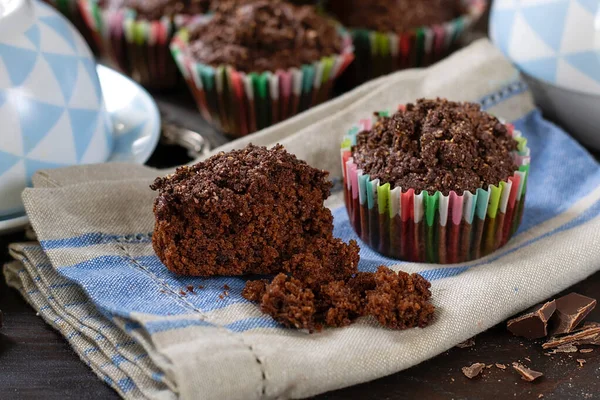 Dubbele Chocolade Muffins Met Chocolade Chips Chocolade Streusel — Stockfoto