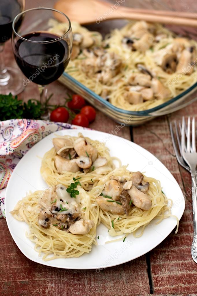 Pasta nests with chicken and mushrooms with creamy sauce