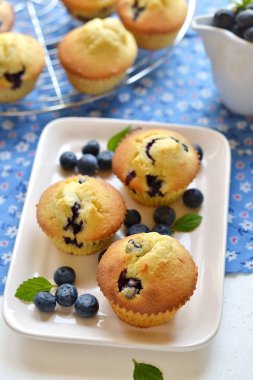 Blueberry muffins beyaz bir plaka üzerinde