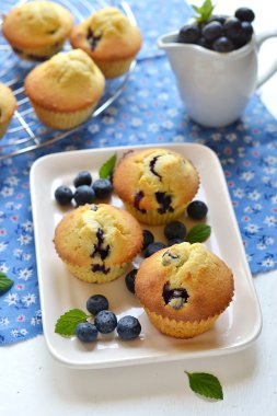 Blueberry muffins beyaz bir plaka üzerinde