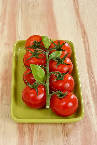 Ahşap arka plan üzerinde Fesleğenli domates — Stok fotoğraf