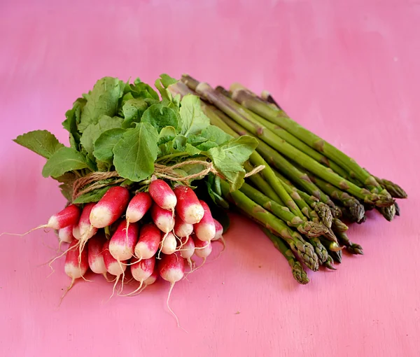 Bunch of fresh radishes and asparagus — Stock Photo, Image