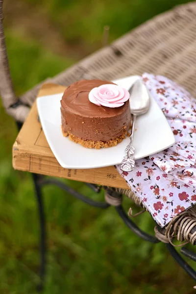 Beyaz bir tabak içinde çikolatalı cheesecake — Stok fotoğraf