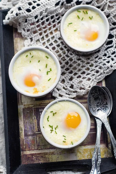 Shirred baked eggs for breakfast