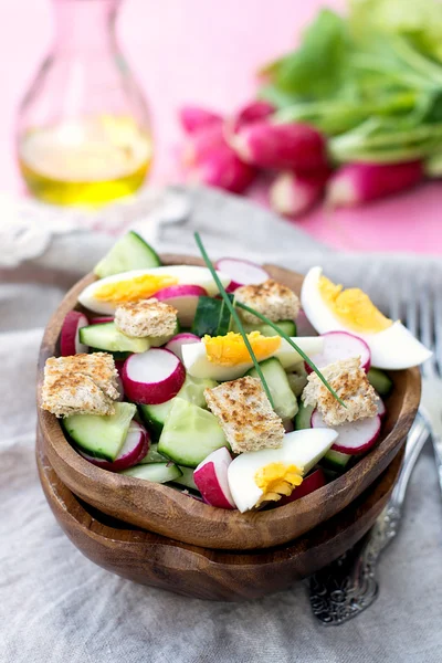 Salát s ředkvičkami, okurka, vejce a chlebovými krutony — Stock fotografie