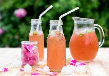Ravent hibiscus buzlu çay bahçesinde gül yaprakları ile