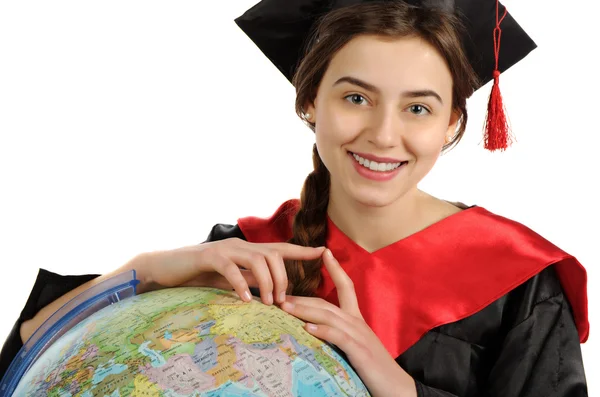 Estudante de pós-graduação bonita no manto com globo — Fotografia de Stock