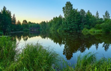 Temmuz akşamı sakin bir nehrin kıyısında balık tutmak ormanın bulanık yansıması.