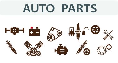 Araba parçaları, piller, şanzıman, elektrik donanımı, motorlar ve diğer özel ekipmanlara sahip bir grup vektör görüntüsü, simge ve logo. Araba servisi. Otomatik yedek parça deposu.