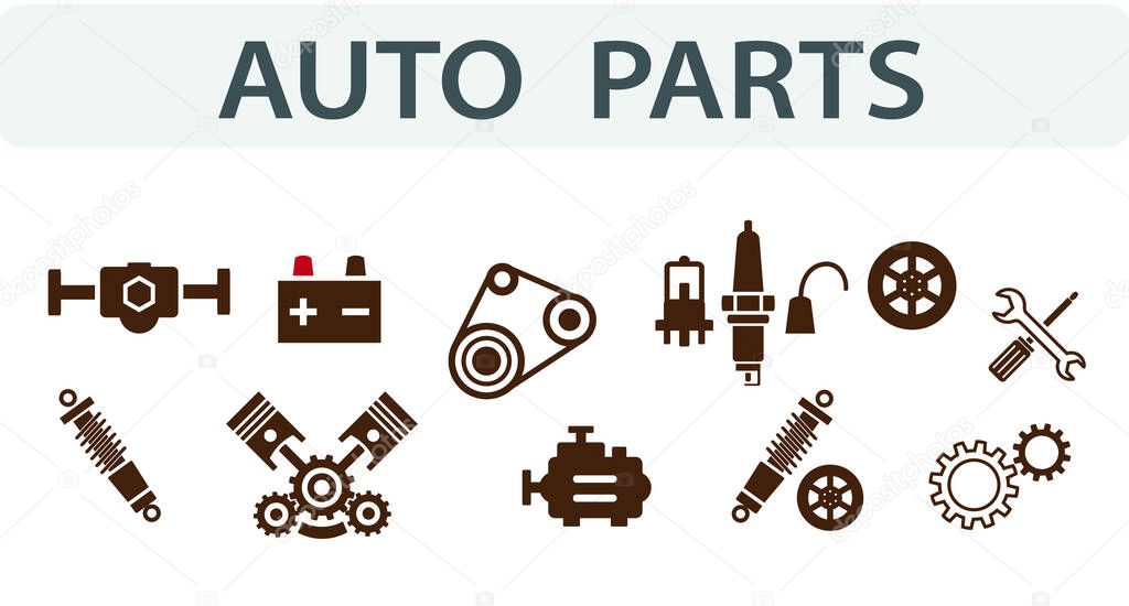 A group of vector images, icons and logos with car parts, batteries, transmission, electrical equipment, engines and other special equipment. Car service. Auto parts store.