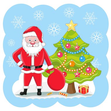  Noel Baba 'nın vektör çizimi, hediyeler ve Noel ağacı.