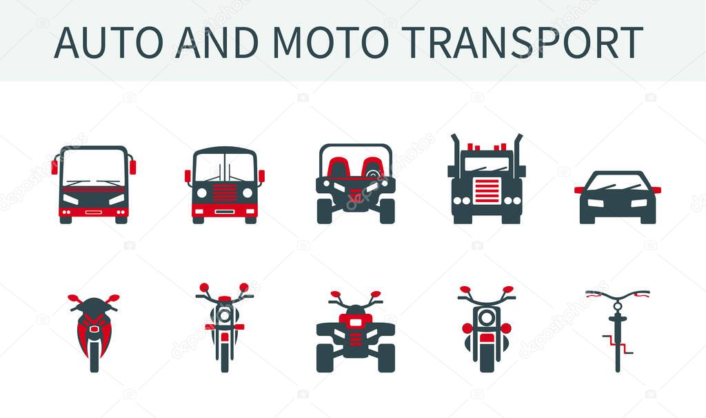  A set of vector illustrations, icons and logos of cars, trucks and buses, motorcycles, bicycles and ATVs.