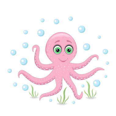  Vektör illüstrasyon karikatür deniz ahtapotu ve beyaz arkaplanda kabarcıklar