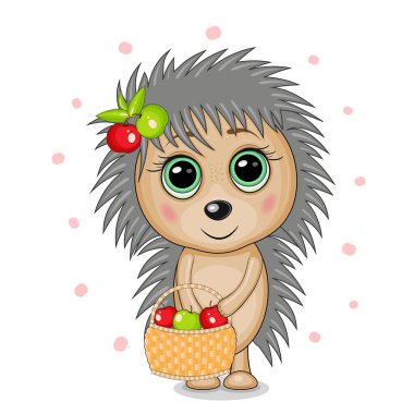 Beyaz arka planda sepeti ve elmaları olan bir kirpinin vektör çizimi.