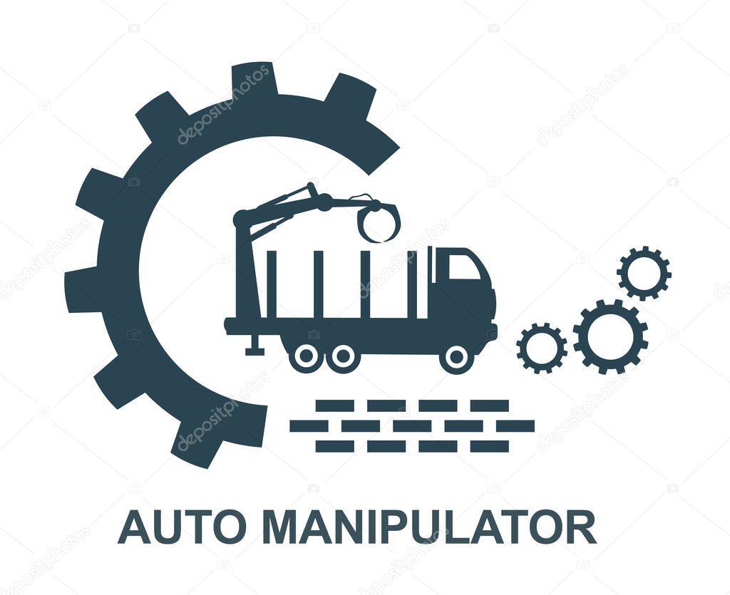 Vector icon of the log truck logo. Production and delivery of cruises. Automotive hydraulic manipulator.