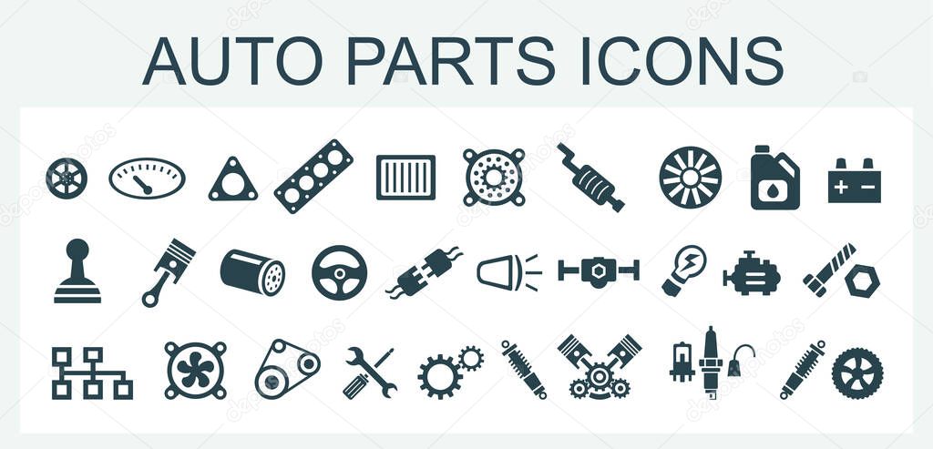 A set of vector icons and logos with car parts, batteries, transmissions, electrical equipment, engines and other special equipment. Car service. Auto parts store.