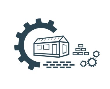 Vektör simgesi, logo, bina ve vites kutusu. İnşaat ve onarım.