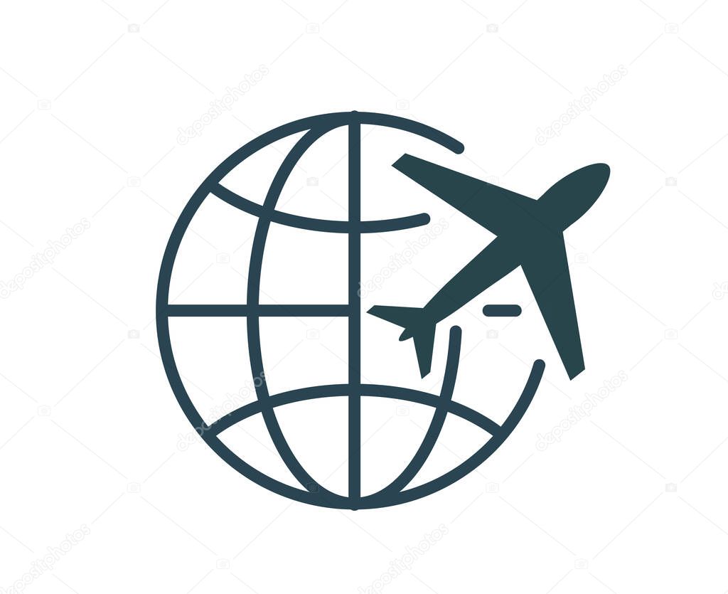 Vector illustration, logo, globe icon and airplane. tourism and travel.
