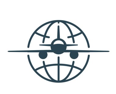 Vektör illüstrasyon, logo, dünya ikonu ve uçak. Turizm ve seyahat. Lojistik.