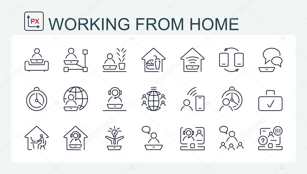 A set of vector icons for work at home and in the office, freelancing from a thin line.