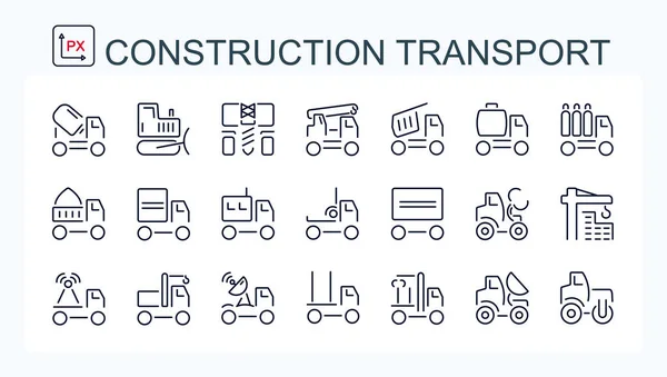 Набір Векторних Ілюстрацій Лінійні Іконки Будівельного Транспорту Спеціальне Обладнання — стоковий вектор