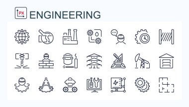 İnşaat, endüstri ve makine mühendisliği alanından bir dizi vektör simgesi. İzole edilmiş.