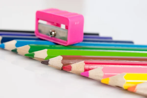 Crayon with sharpener for children on whiteboard — Stok fotoğraf