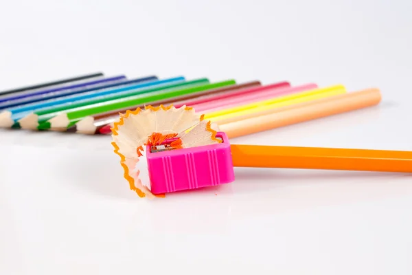 Sharpener with crayon for children on whiteboard — Stok fotoğraf