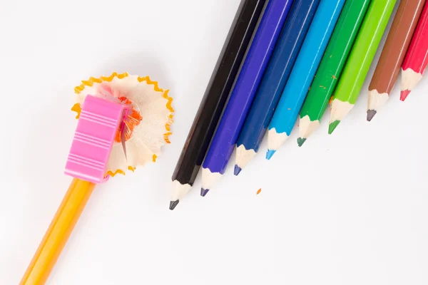 Sharpener with crayon for children on whiteboard — Stok fotoğraf