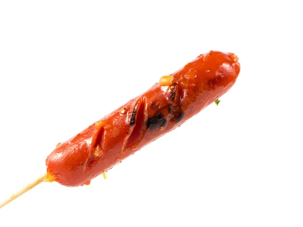 Sausage with spicy sauce on white — Stock Photo, Image