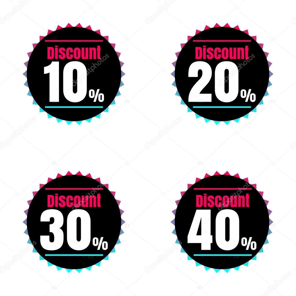 Sale, discount labels. Special offer price signs. 10, 20, 30 and 40 percent off reduction symbols.
